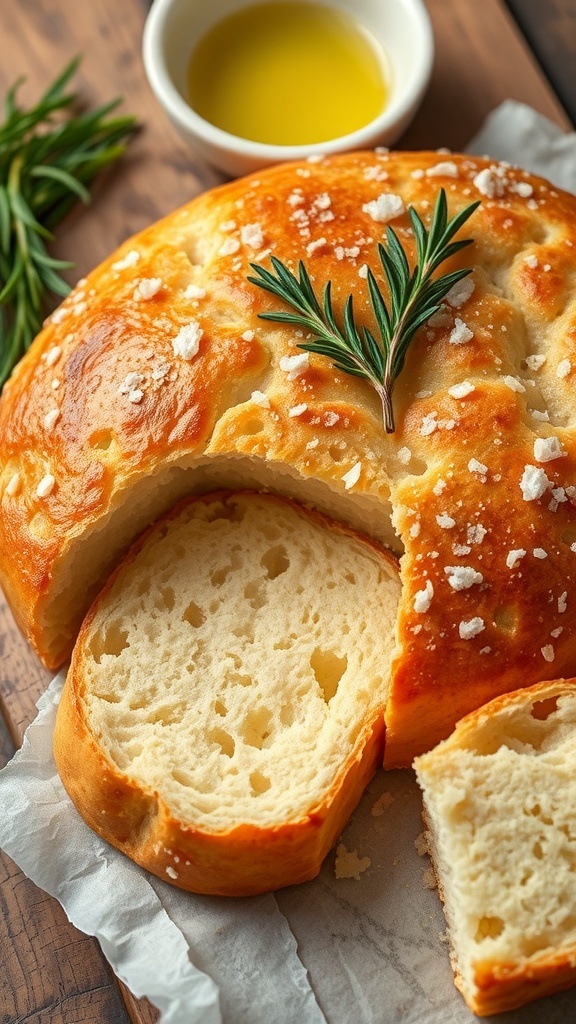 Freshly baked focaccia bread with rosemary and sea salt on a wooden table.